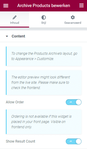 Webshop Elementor styling options theme