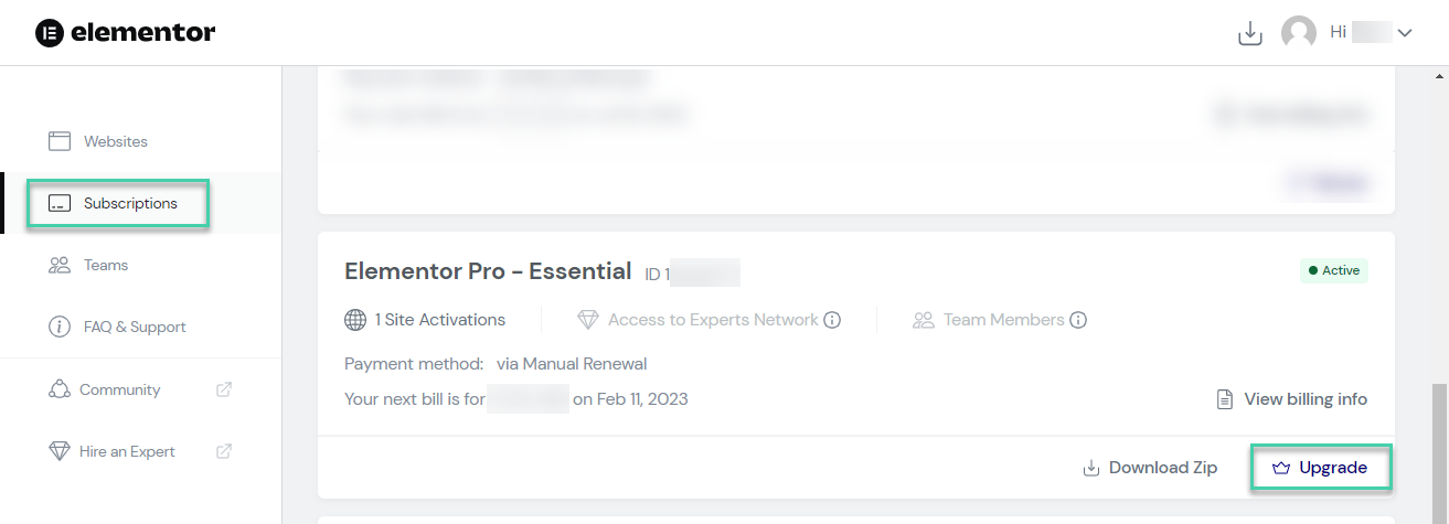 Upgrading Elementor Pro licence to a higher subscription
