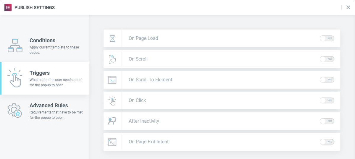 Create popup in WordPress with Elementor - triggers